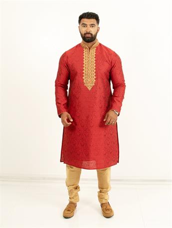 Maroon & Gold Embroidered Mens Kurta Pajama