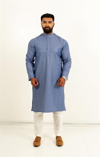 Sky Blue Plain Denim Look Kurta Pajma with Matching Buttons
