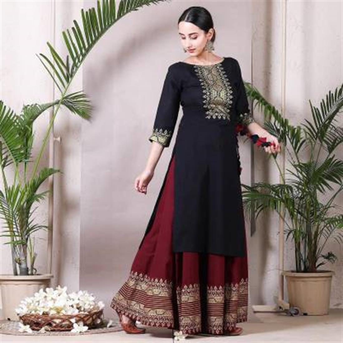 Navy & Maroon Printed 2 Piece Women Rayon Kurta and Skirt Set