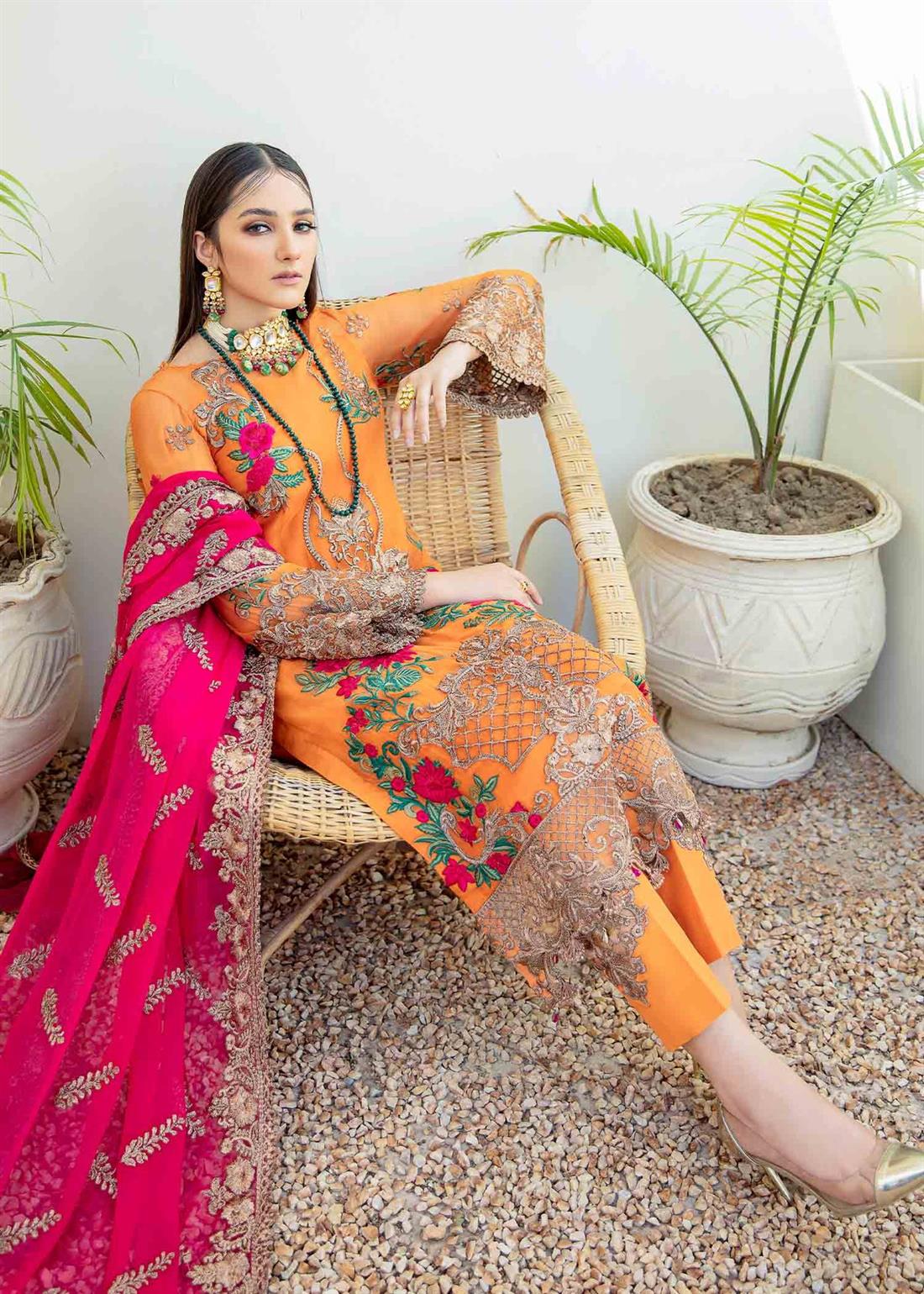 Orange Embroidered Raw Silk Ladies Readymade