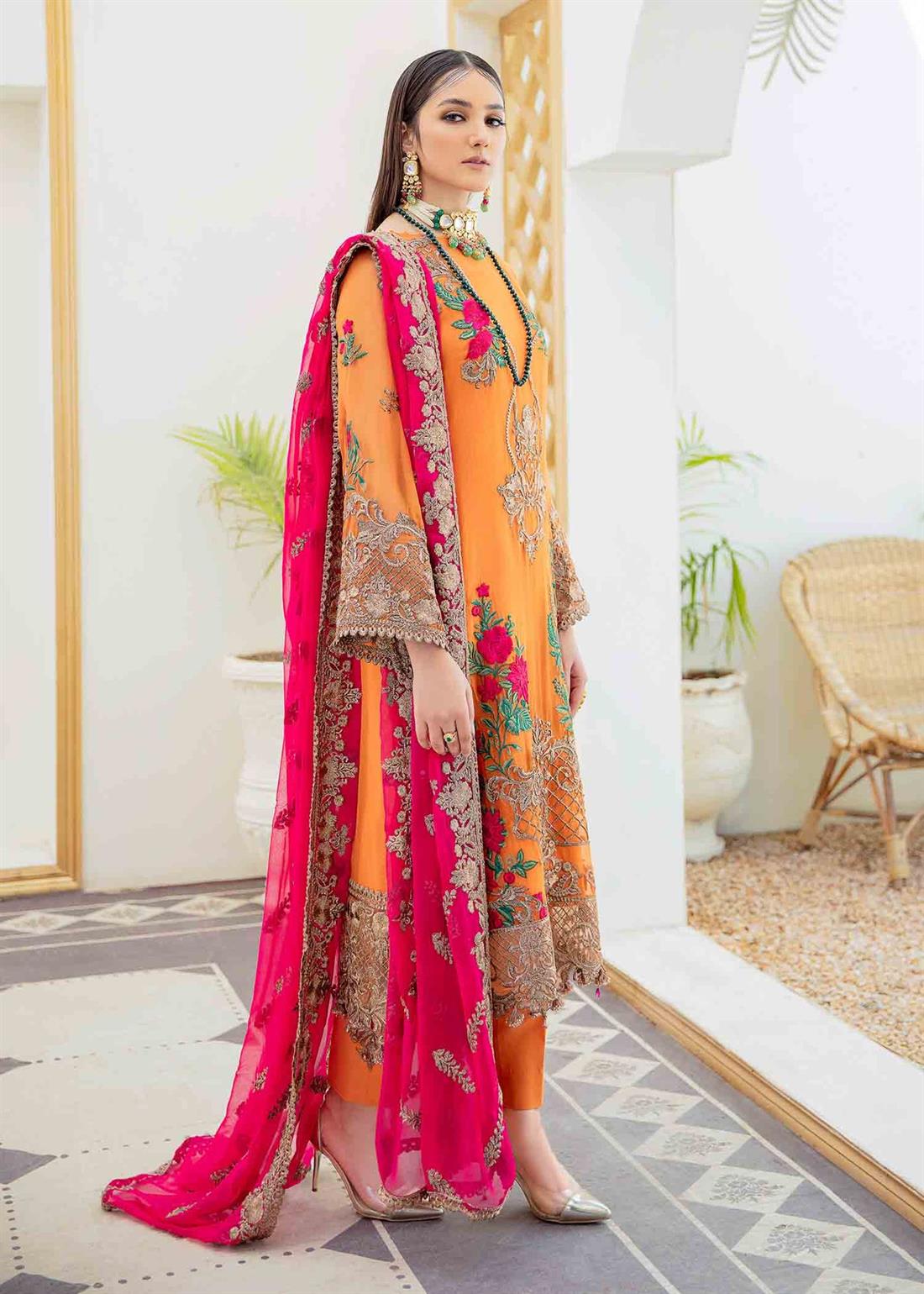 Orange Embroidered Raw Silk Ladies Readymade