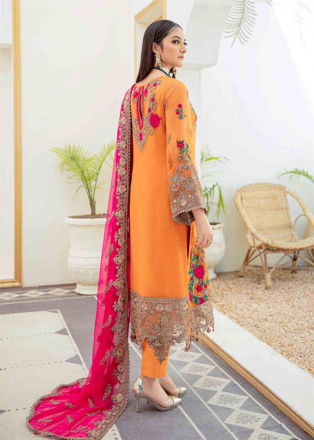 Orange Embroidered Raw Silk Ladies Readymade