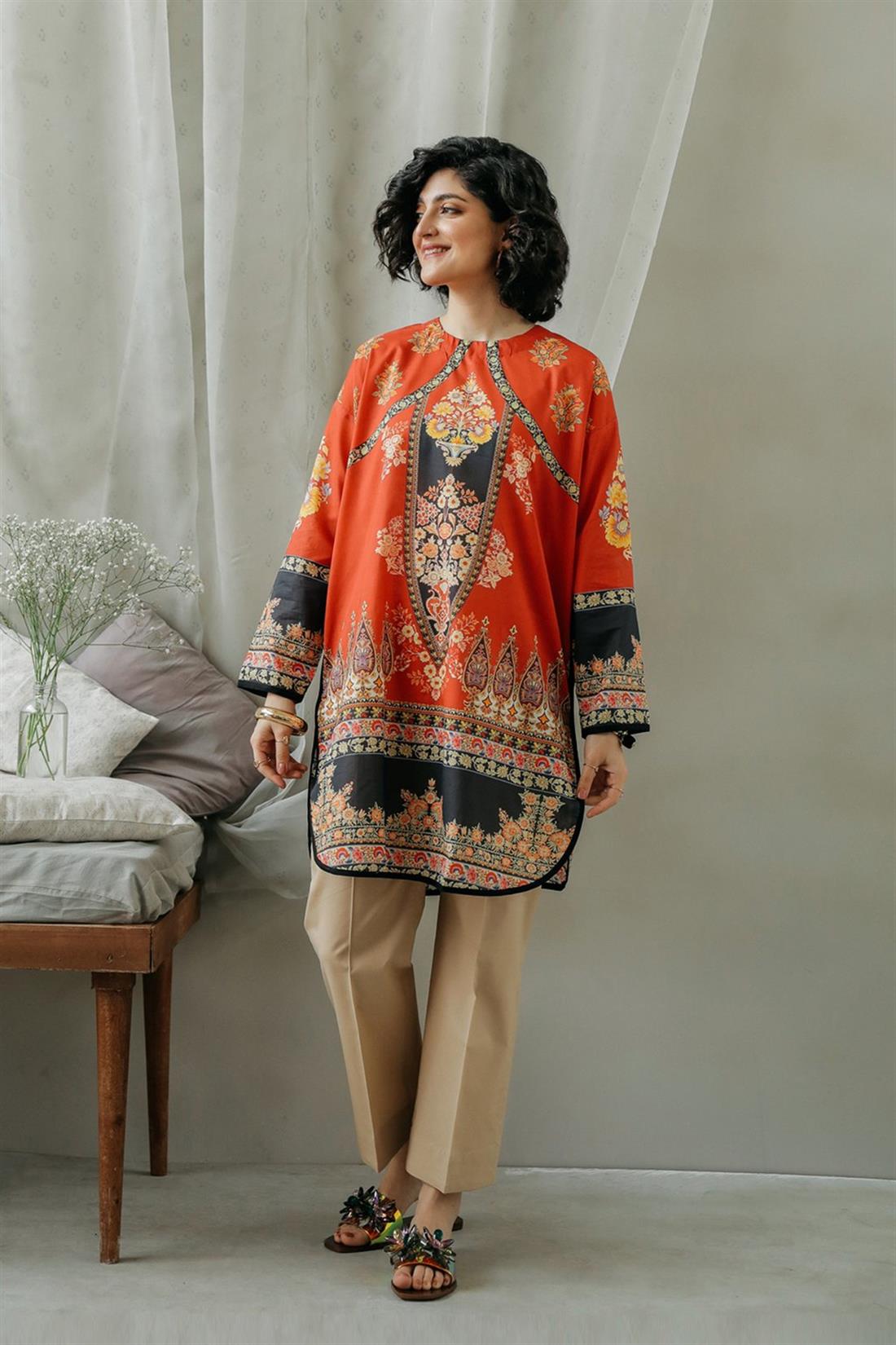 Red 1 PC Artistic Embroidered Readymade Lawn Shirt