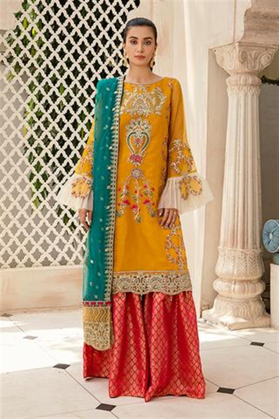 Yellow & Green Embroidered Organza Ladies Readymade
