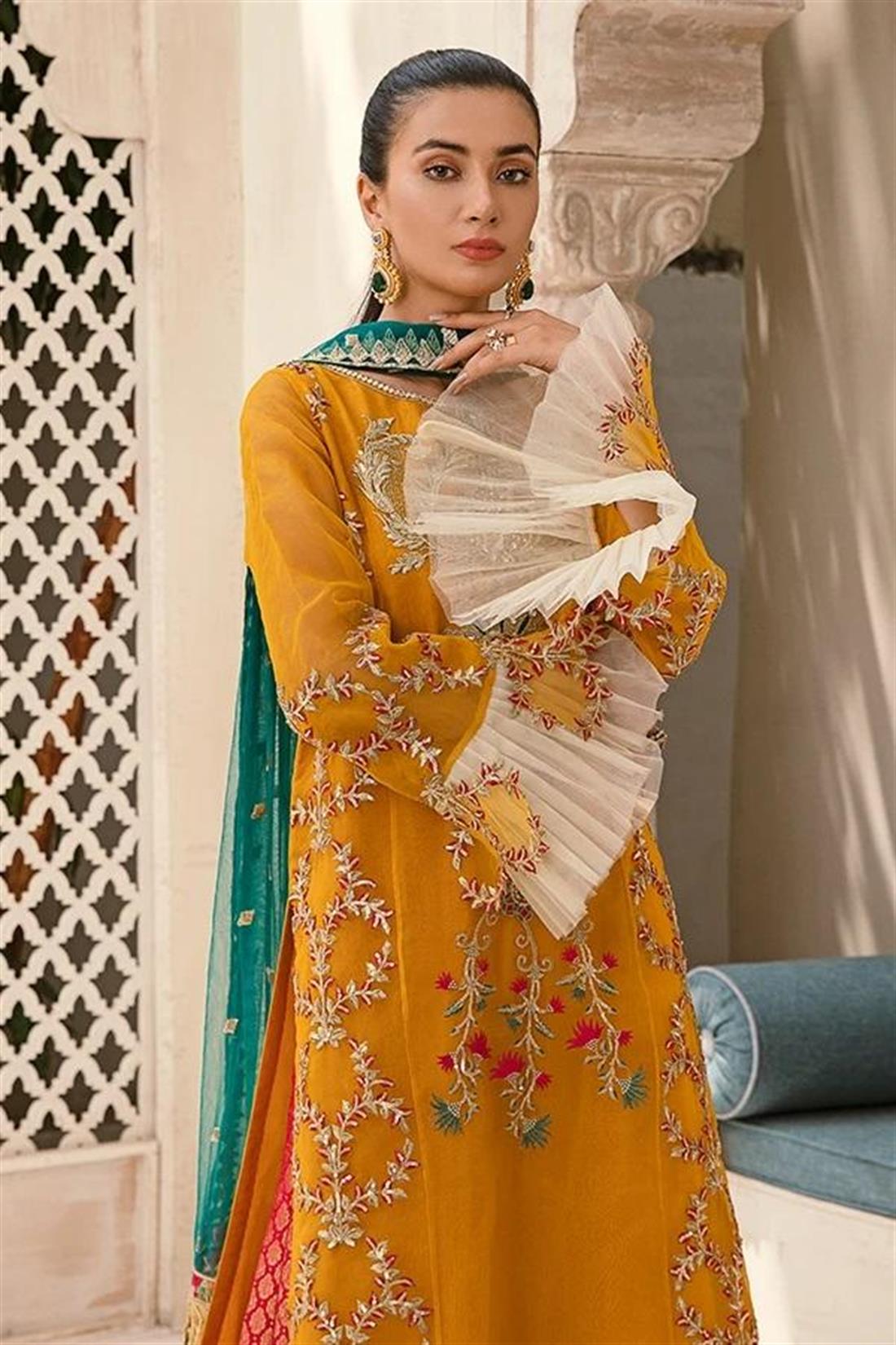 Yellow & Green Embroidered Organza Ladies Readymade