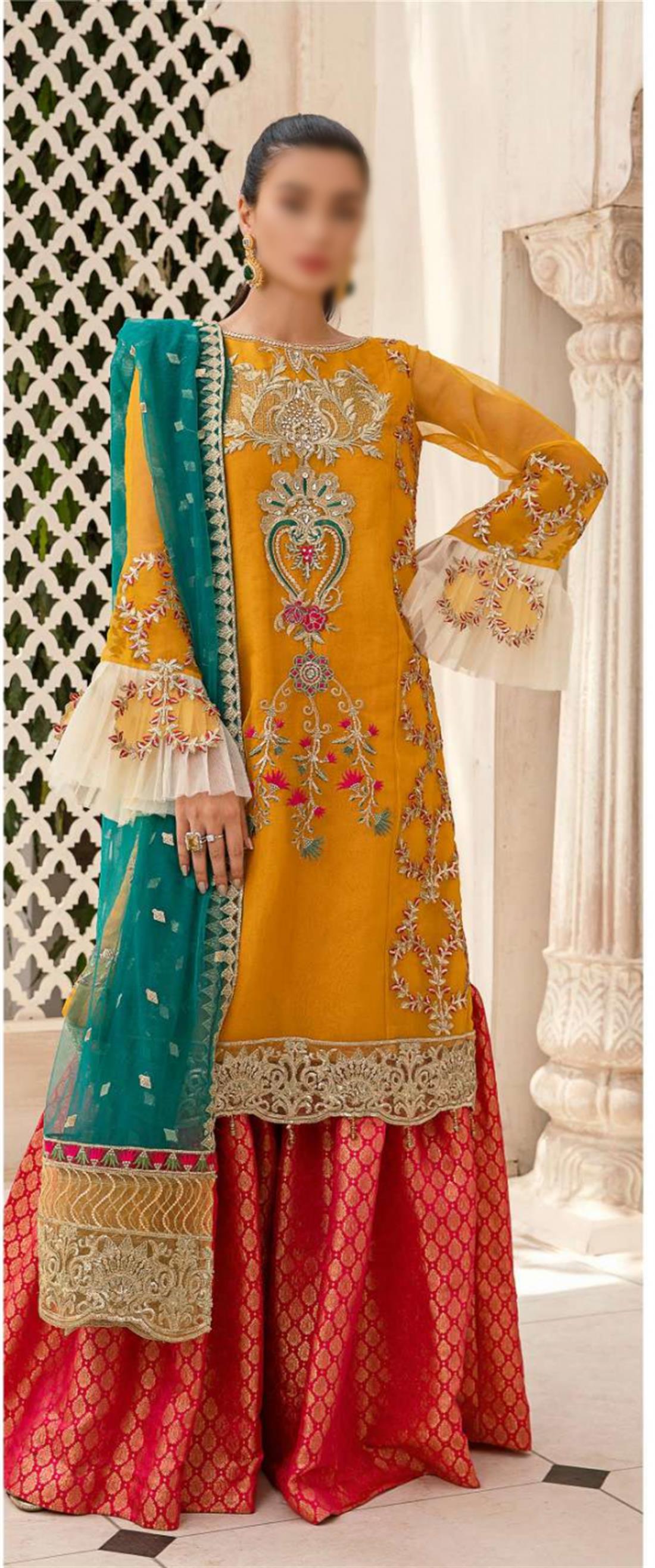 Yellow & Green Embroidered Organza Ladies Readymade