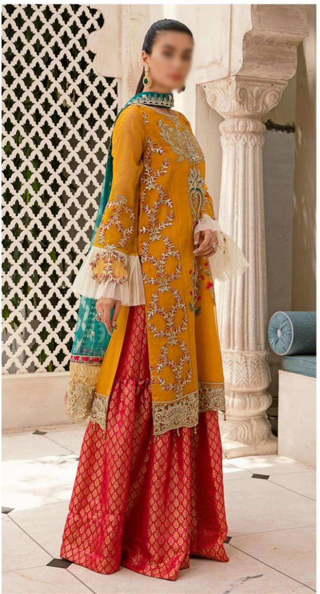 Yellow & Green Embroidered Organza Ladies Readymade