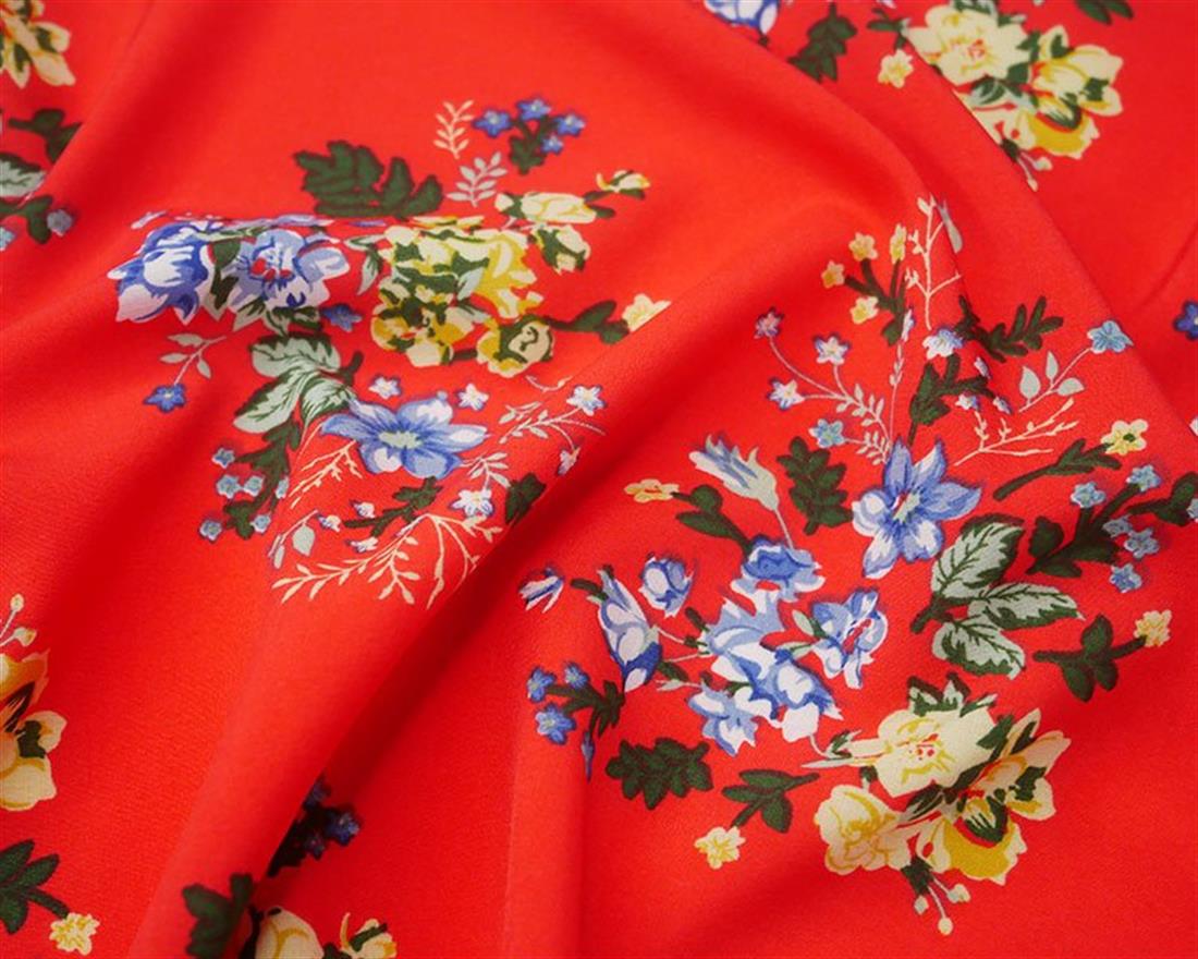 Red Printed Ditsy Floral Stretch Peachskin