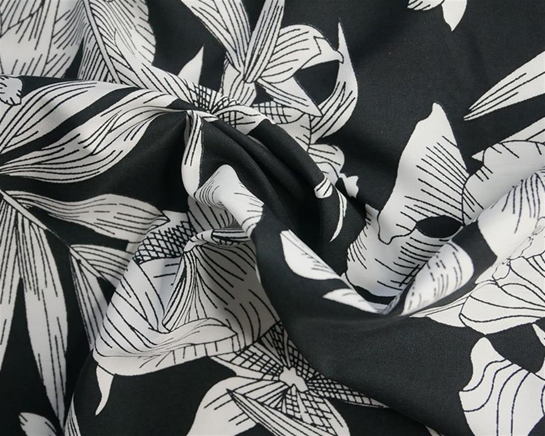 Black White Flower & Leaves Peachskin