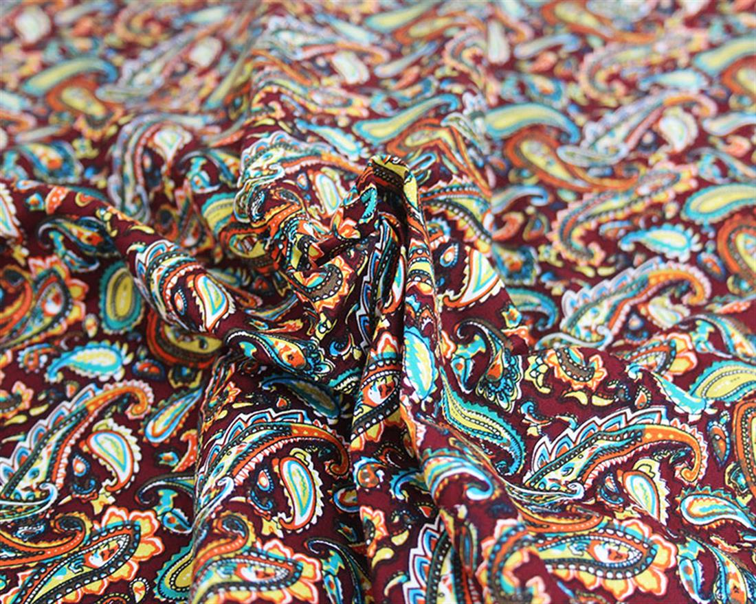 Maroon Printed Vintage Paisley Cotton Poplin Fabric