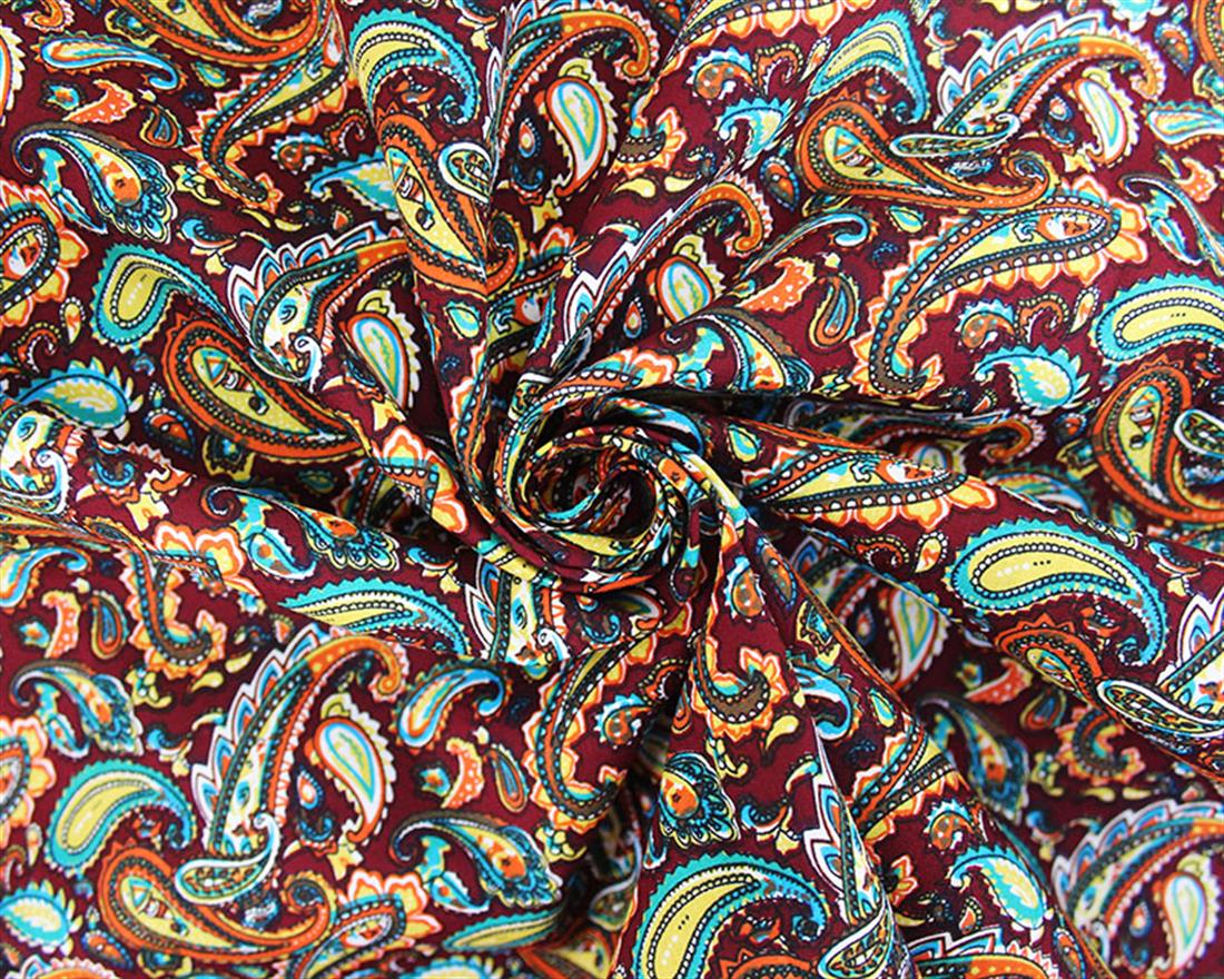 Maroon Printed Vintage Paisley Cotton Poplin Fabric