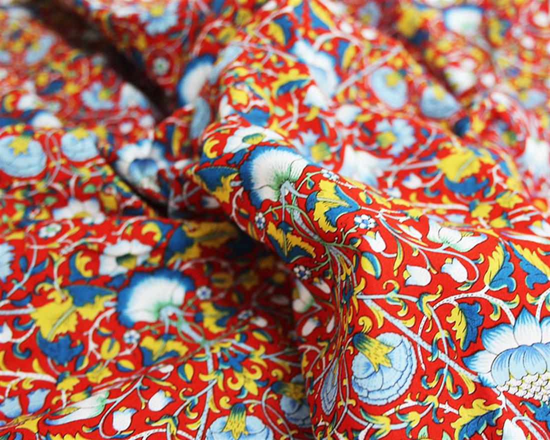 Red Printed Arts and Crafts Elaborate Cotton Poplin Fabric