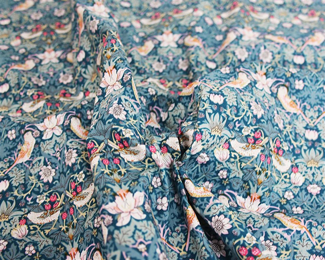 RED & Blue Printed Arts and Crafts Birds Cotton Poplin Fabric