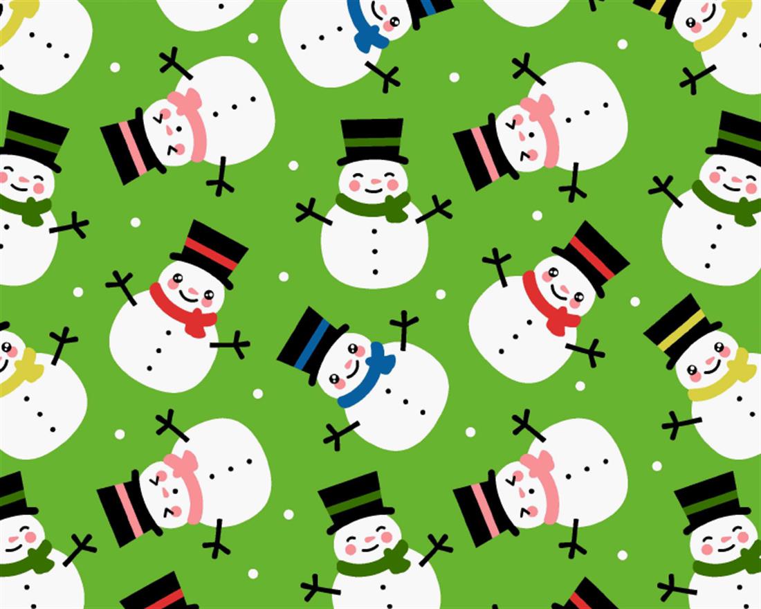Green Printed Smiley Snowman - Poly Cotton Fabric Craft Quilting Patchwork