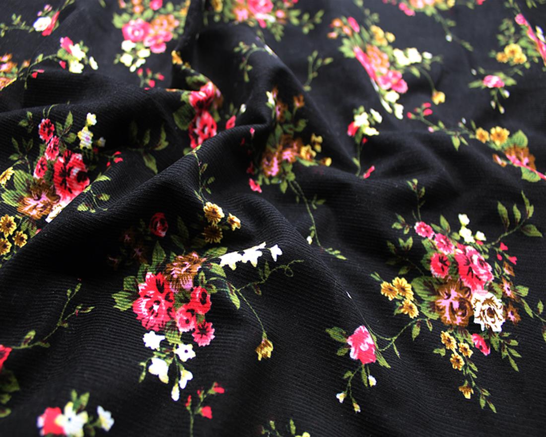 Black Cotton Printed Corduroy