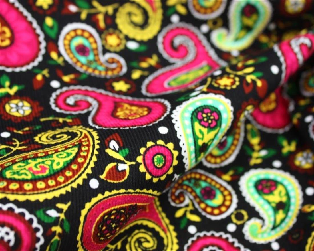 Black & Cerise Cotton Printed Corduroy