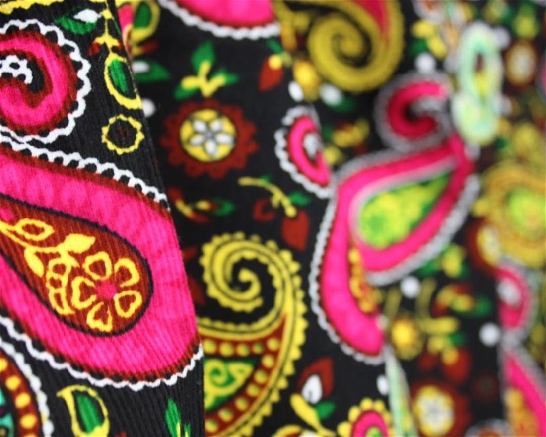 Black & Cerise Cotton Printed Corduroy