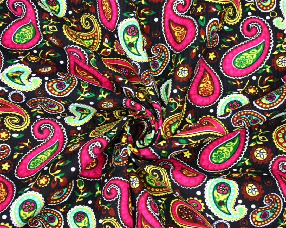 Black & Cerise Cotton Printed Corduroy