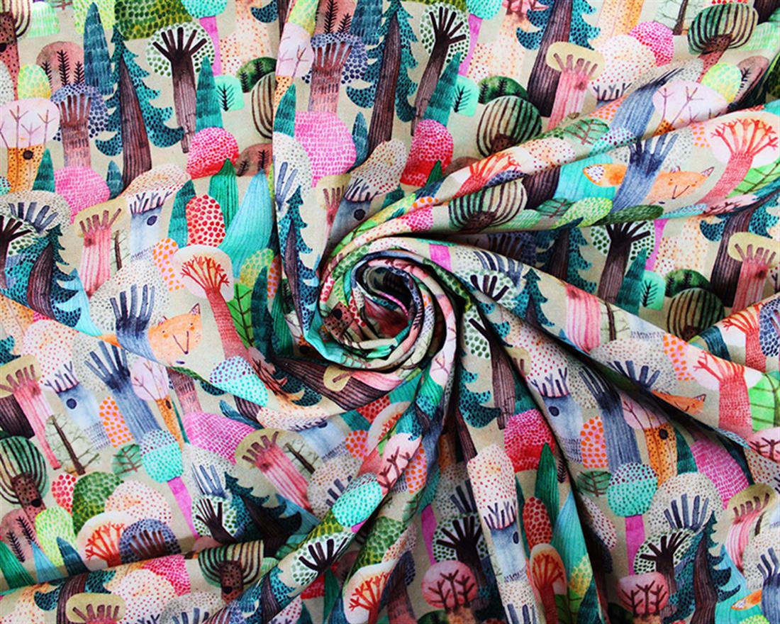 Multicolour Little Johnny Autumn Trees Printed Cotton Fabric