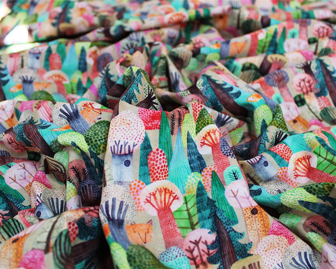 Multicolour Little Johnny Autumn Trees Printed Cotton Fabric