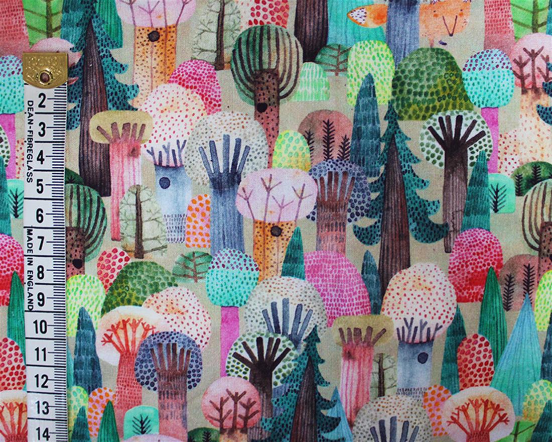 Multicolour Little Johnny Autumn Trees Printed Cotton Fabric