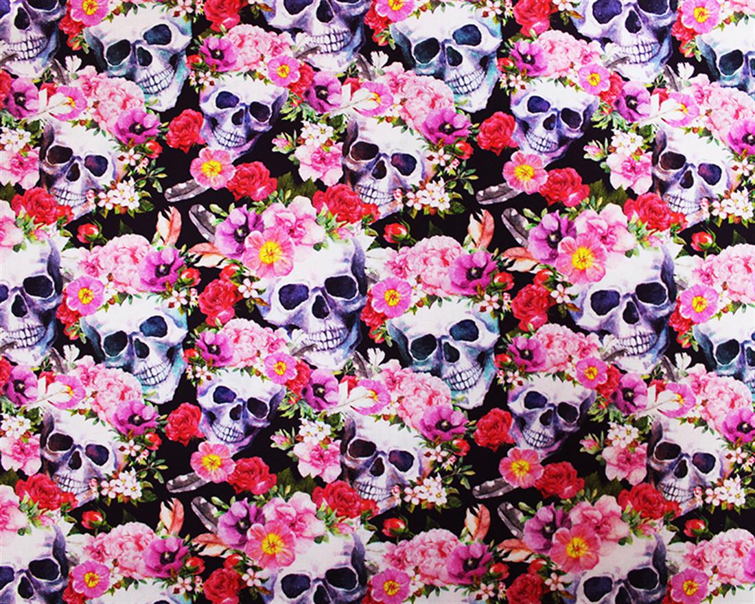 Black Little Johnny Floral Skull Printed Cotton Fabric
