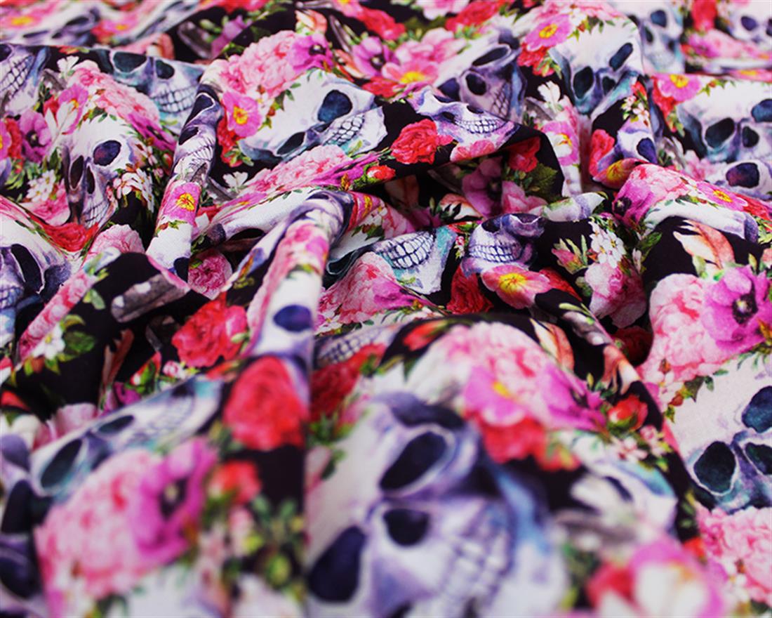 Black Little Johnny Floral Skull Printed Cotton Fabric