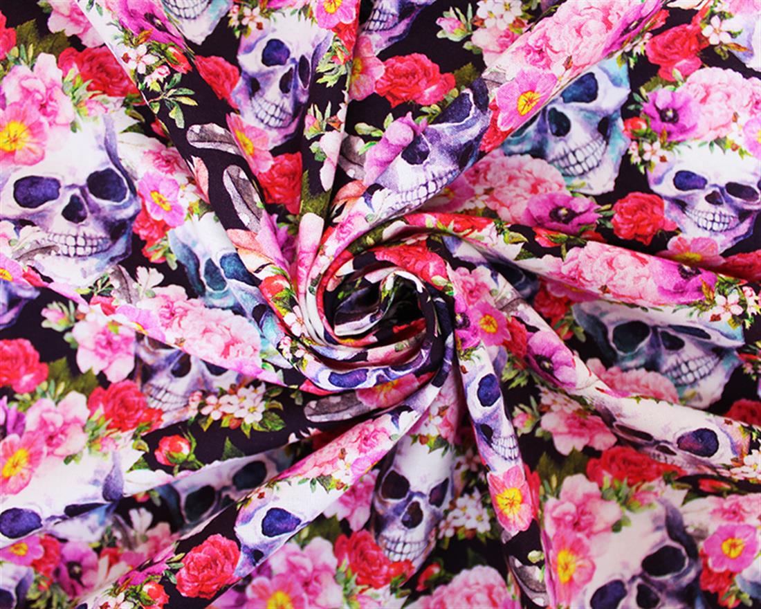 Black Little Johnny Floral Skull Printed Cotton Fabric