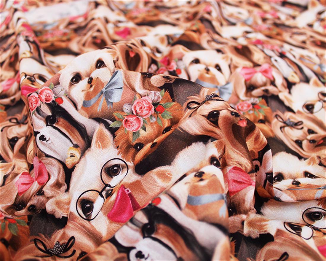 Brown Little Johnny Cute Pooch Printed Cotton Fabric