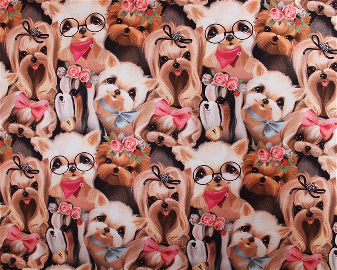 Brown Little Johnny Cute Pooch Printed Cotton Fabric