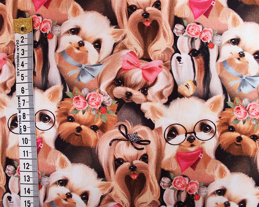 Brown Little Johnny Cute Pooch Printed Cotton Fabric