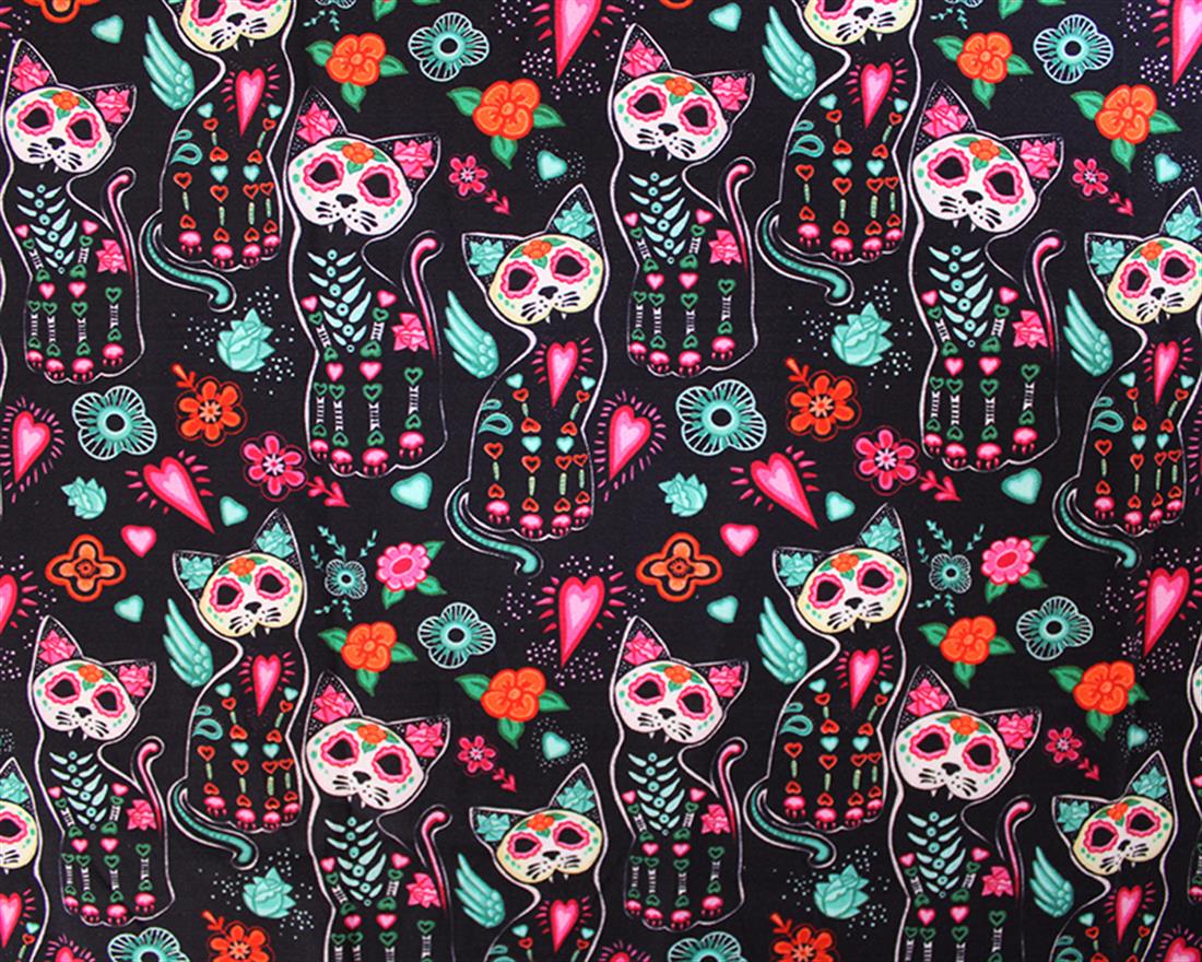 Black Little Johnny Sugar Skull Cats Cotton