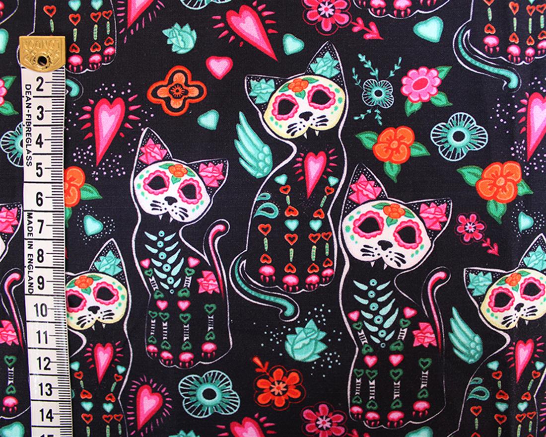 Black Little Johnny Sugar Skull Cats Cotton