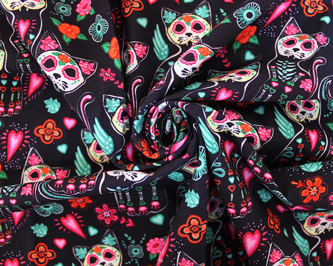 Black Little Johnny Sugar Skull Cats Cotton