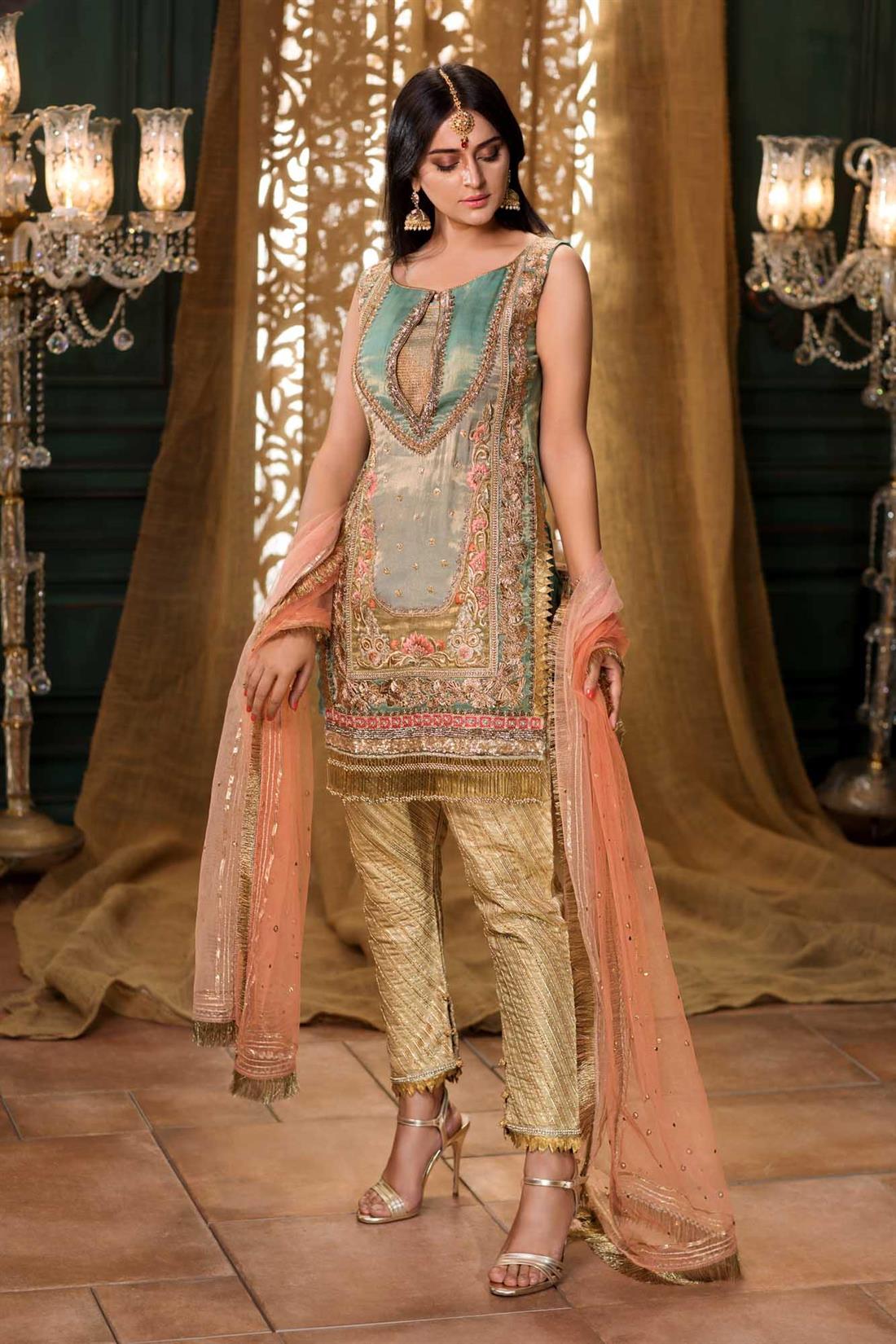 Aqua & Multicolour Embroidered Organza Ladies Readymade