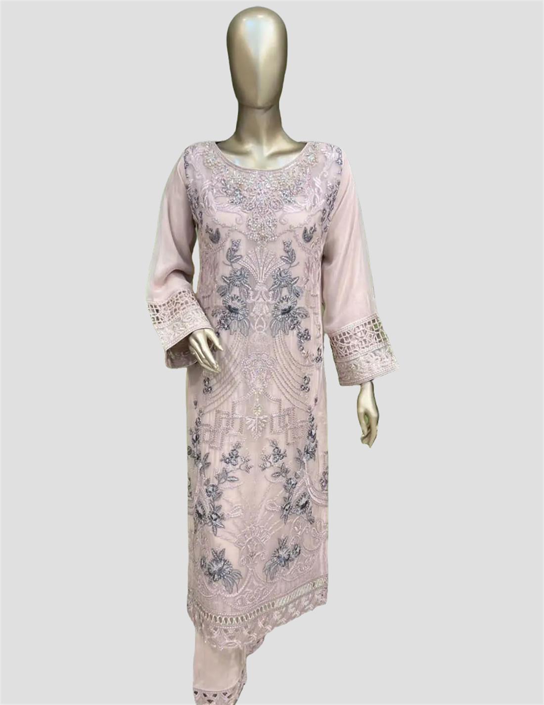 Dusky Pink Sequinned Raw Silk 3 Piece Chiffon Suit