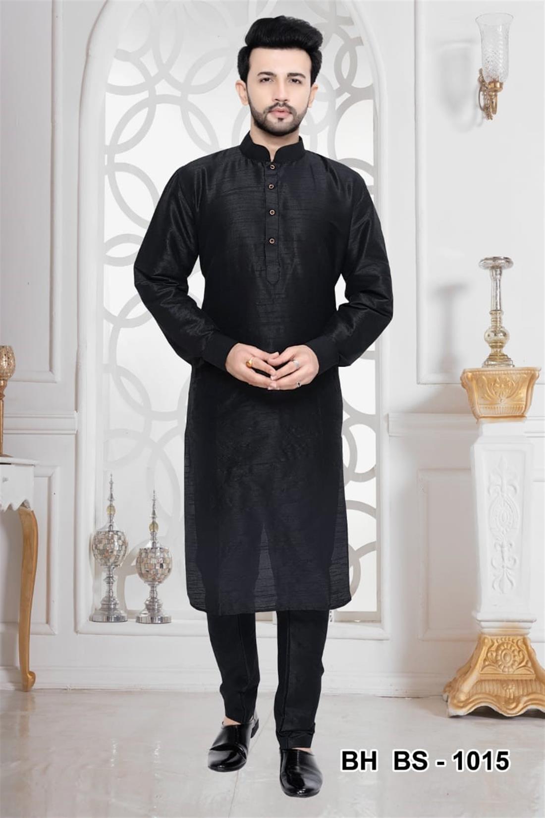 Black Kurta Dhupion Silk Payjama main image 1
