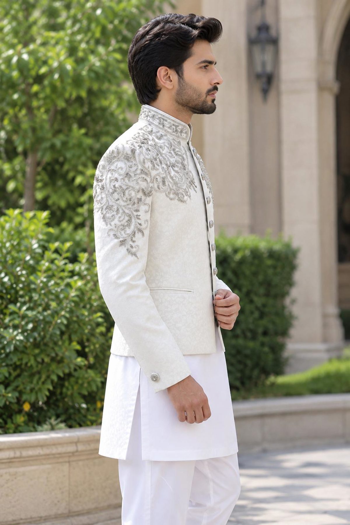 White Embroidered Jacquard Mens Prince Coat