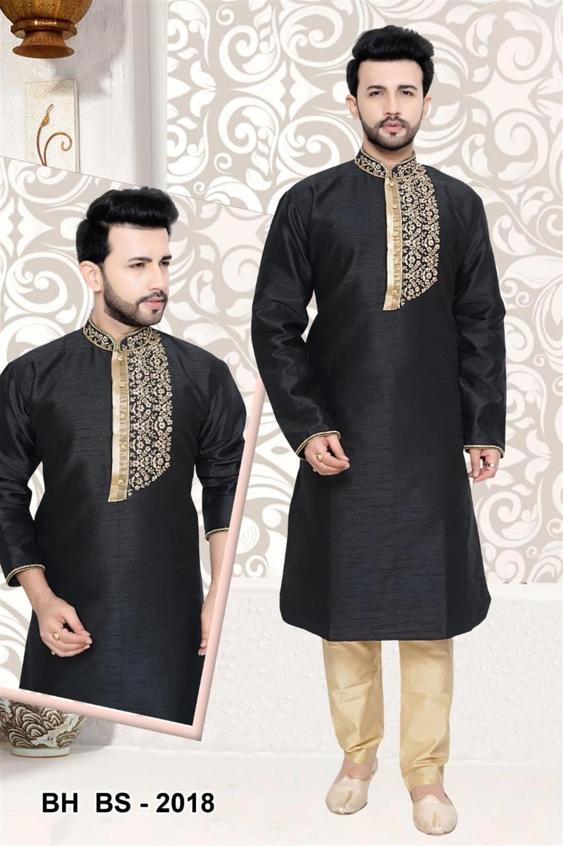 Black & Gold Embroidered Mens Kurta Pajama