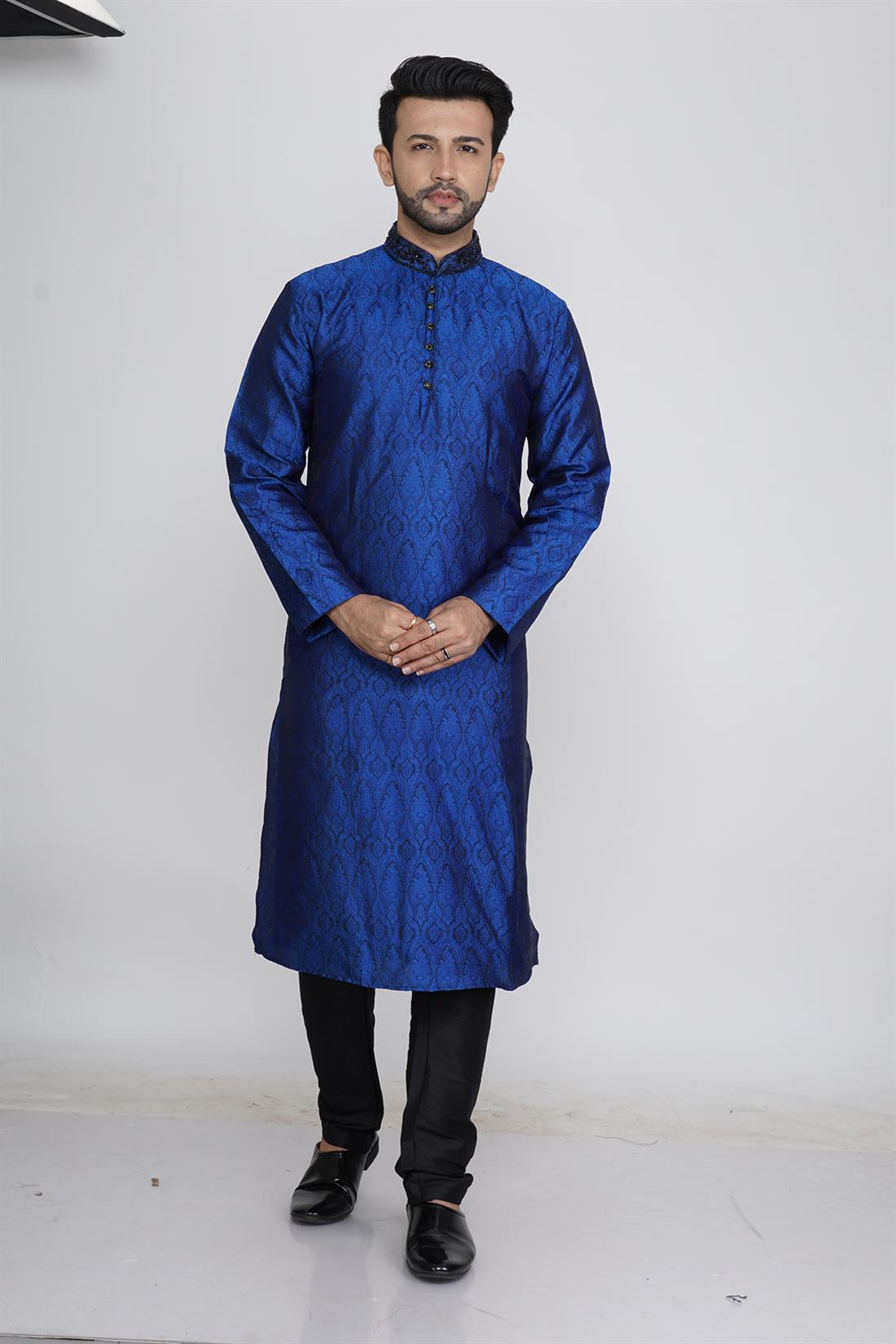 Blue & Black Embroidered Mens Kurta Pajama