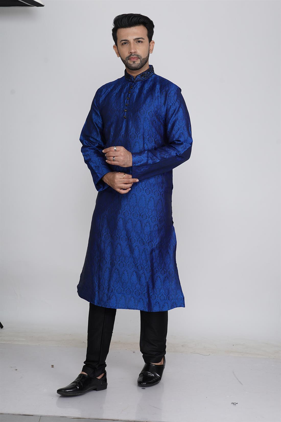 Blue & Black Embroidered Mens Kurta Pajama