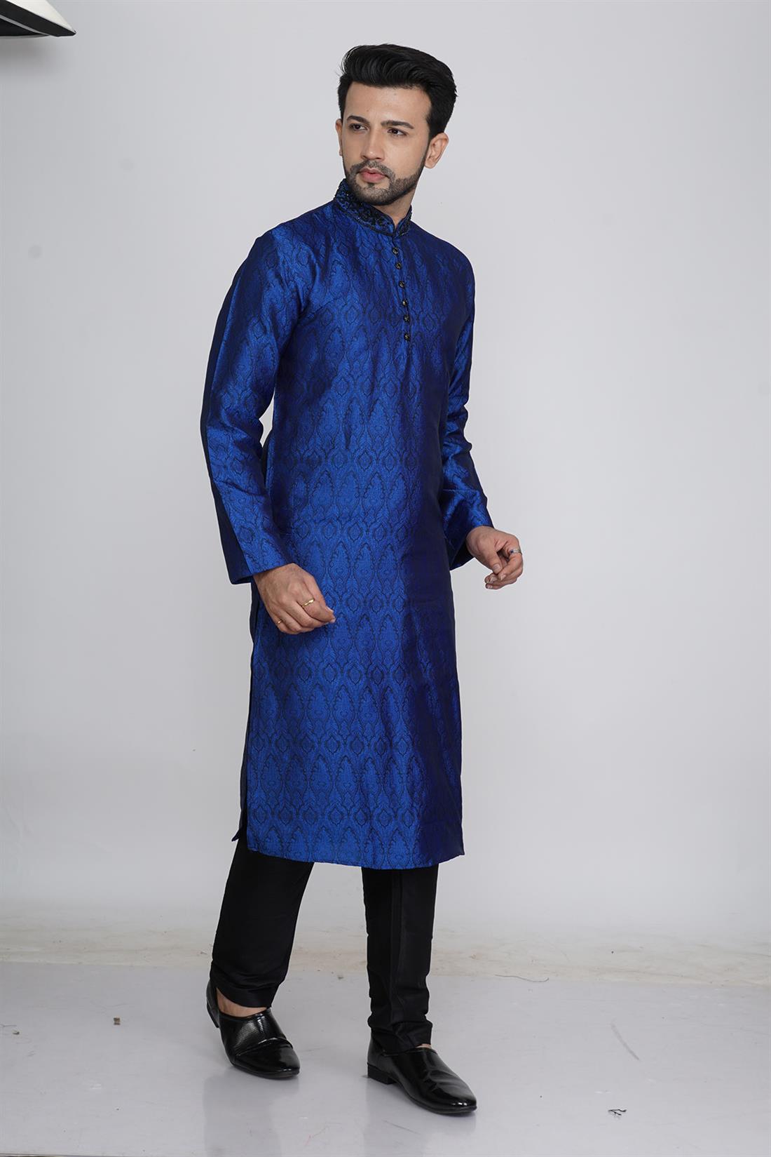 Blue & Black Embroidered Mens Kurta Pajama