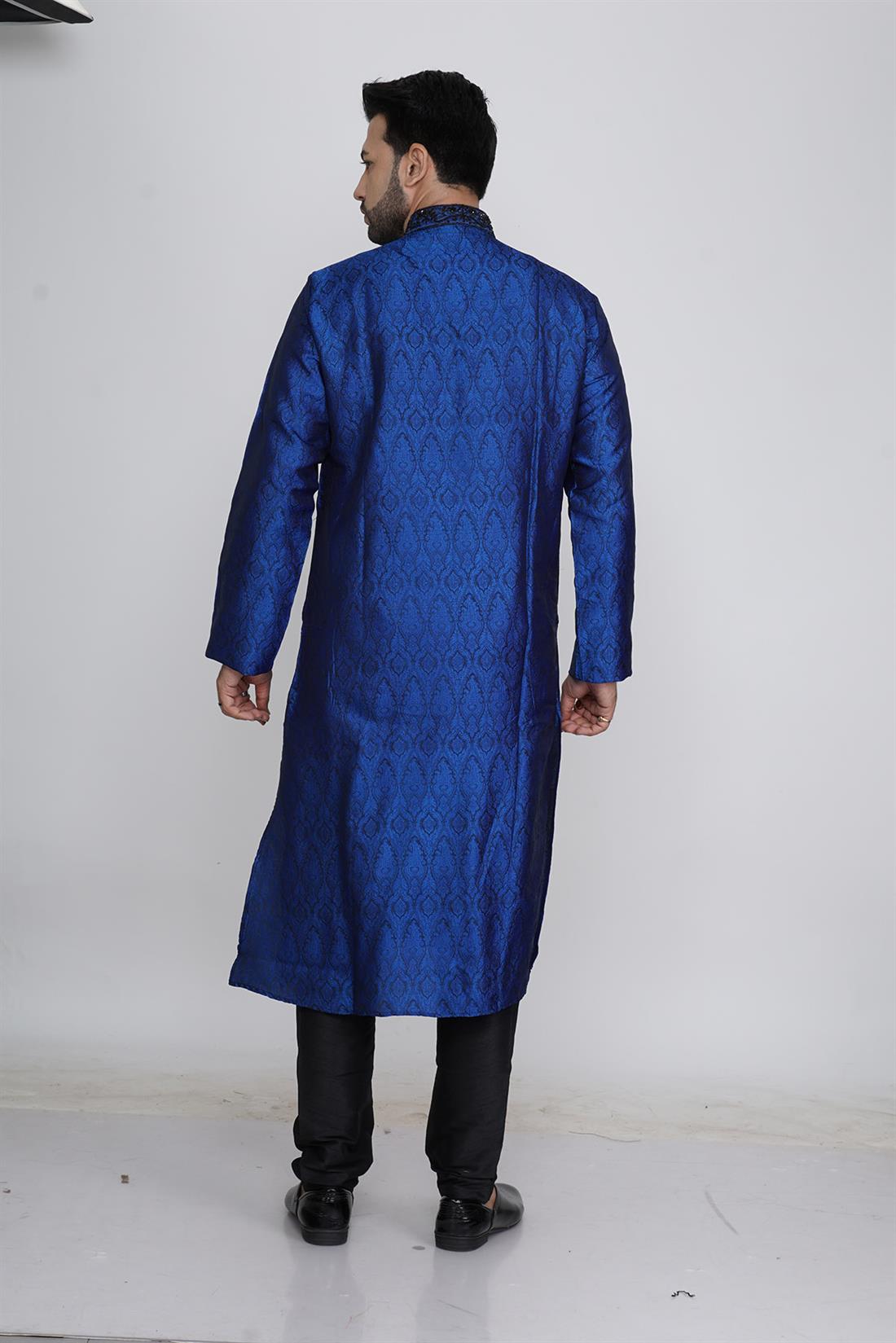 Blue & Black Embroidered Mens Kurta Pajama