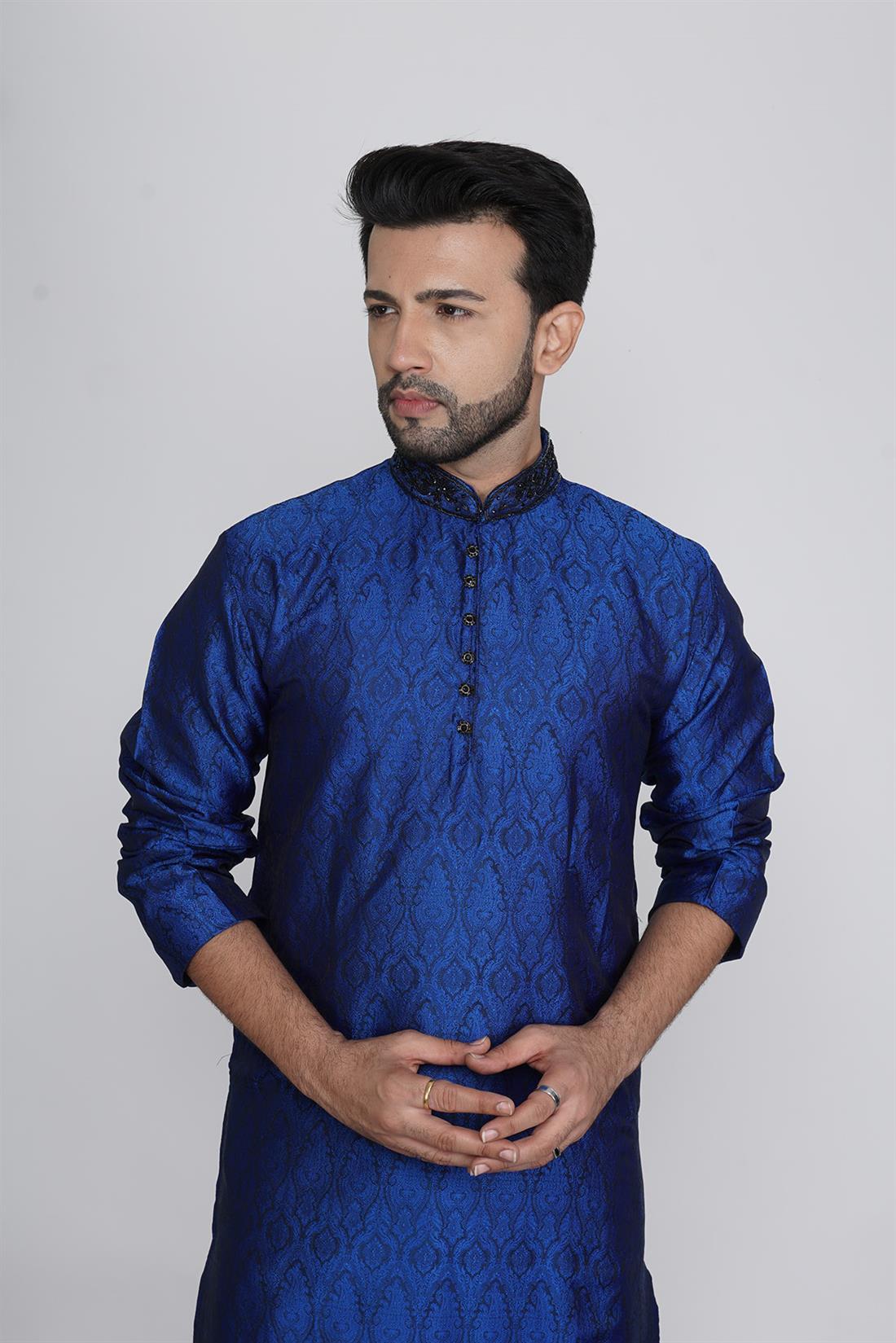 Blue & Black Embroidered Mens Kurta Pajama