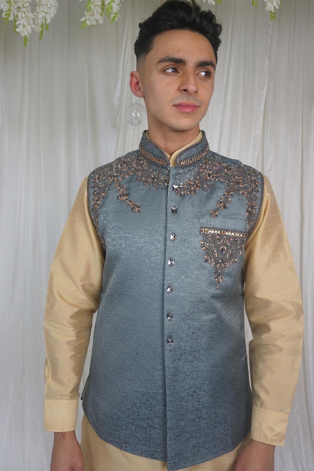 Grey Mens Waistcoat with and Gold Embroidery
