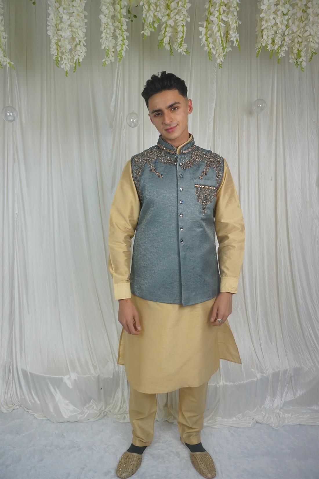 Grey Mens Waistcoat with and Gold Embroidery