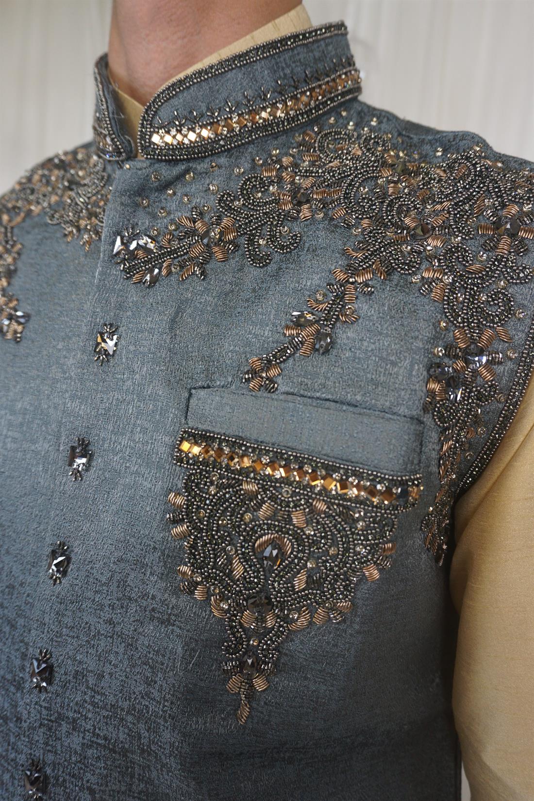 Grey Mens Waistcoat with and Gold Embroidery