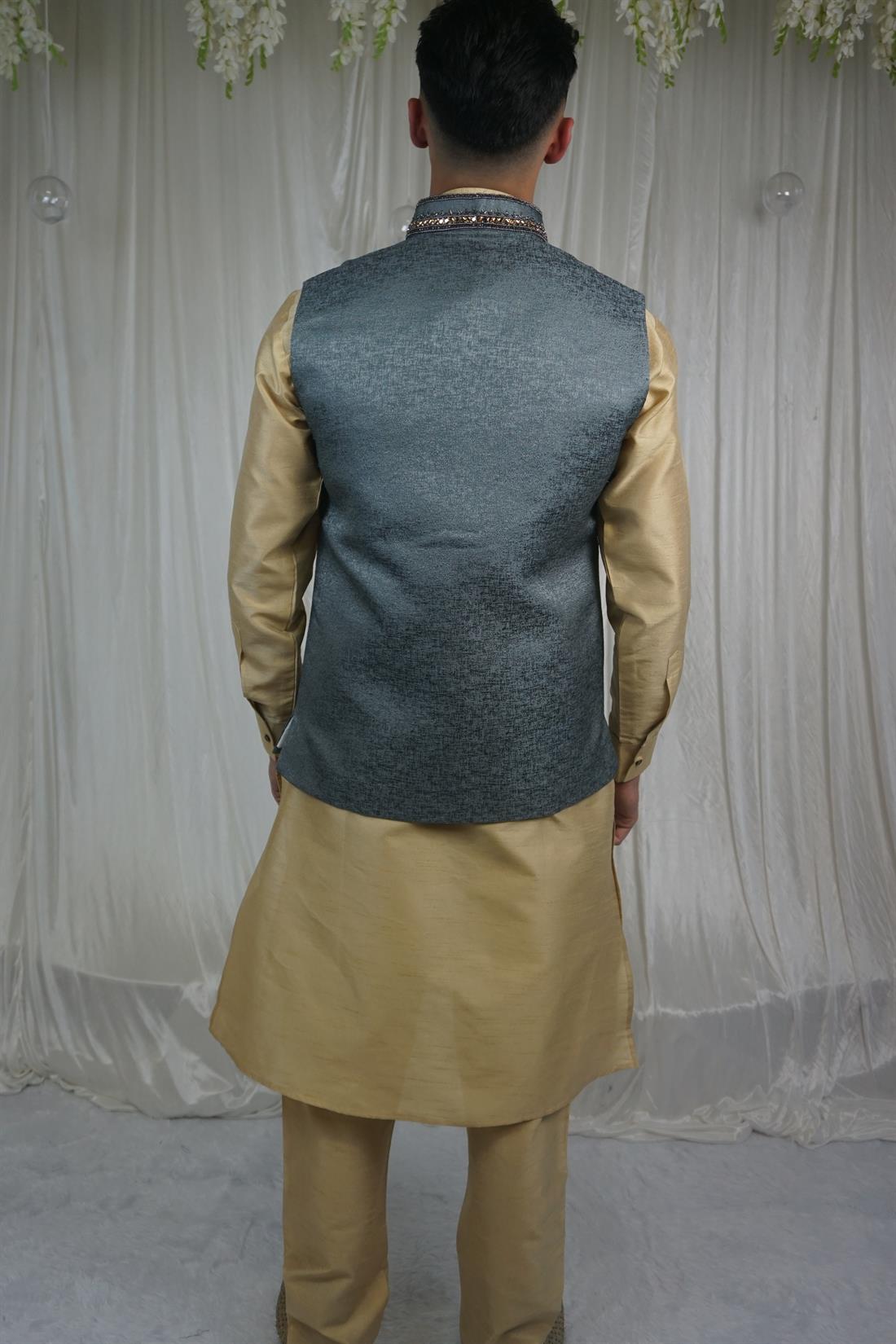Grey Mens Waistcoat with and Gold Embroidery