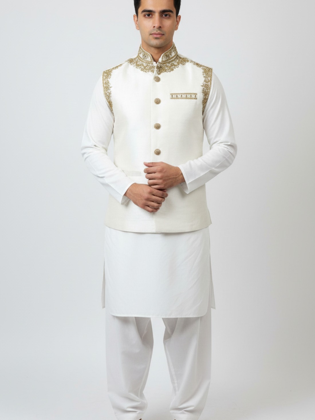 Ivory & Gold Mens Waistcoat with Embroidery on the Neck and Armhole Area