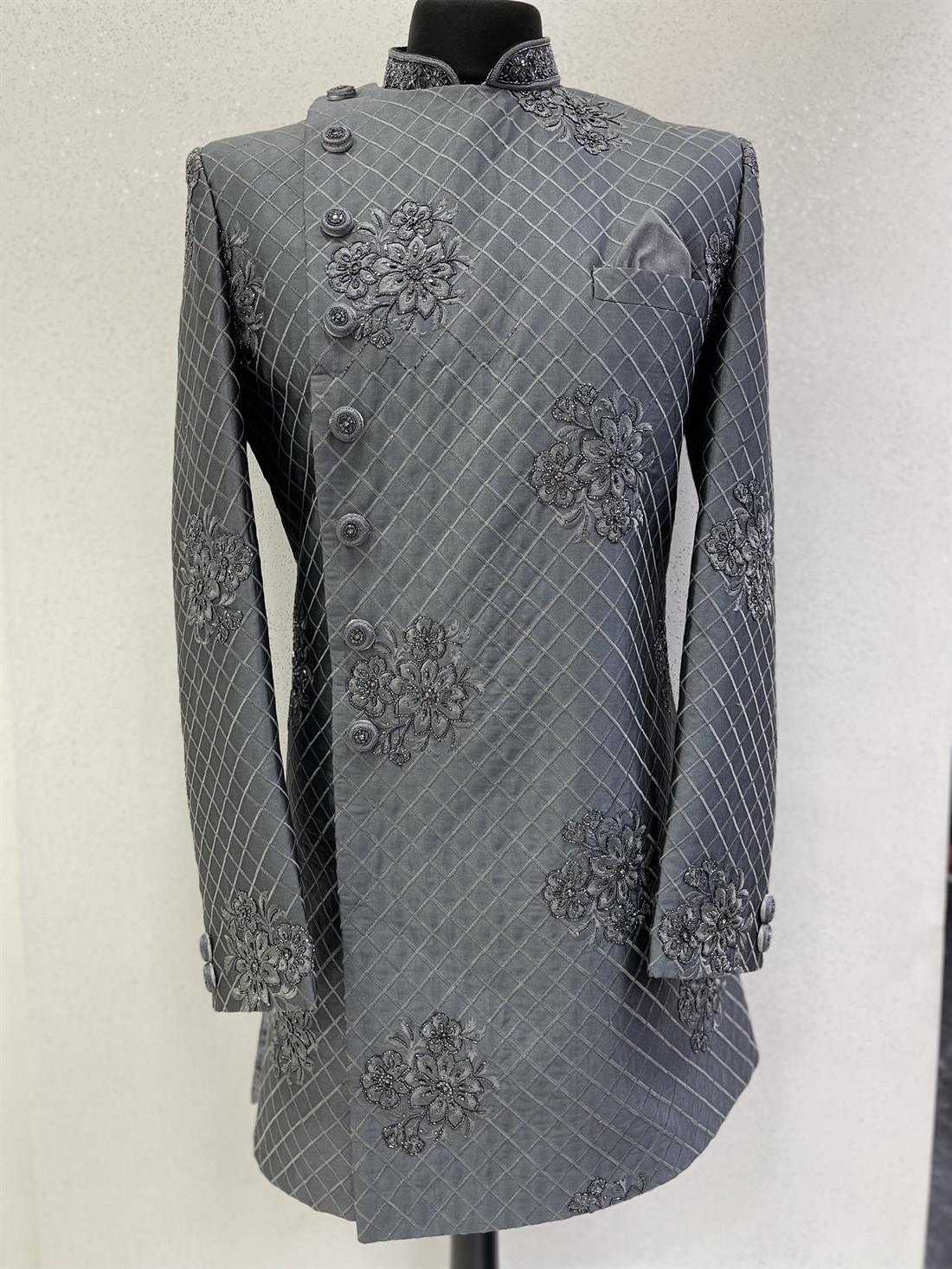 Grey Embroidered Mens Sherwani